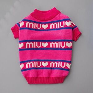 PET CLOTHES - Hot Pink Dog Sweater with Blue Stripe Hearts